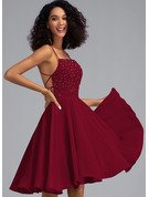 A-Line Square Neckline Knee-Length Chiffon Homecoming Dress With Beading Sequins