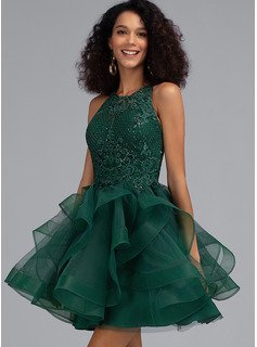 Ball-Gown/Princess Scoop Neck Short/Mini Tulle Homecoming Dress With Sequins (022203137)
