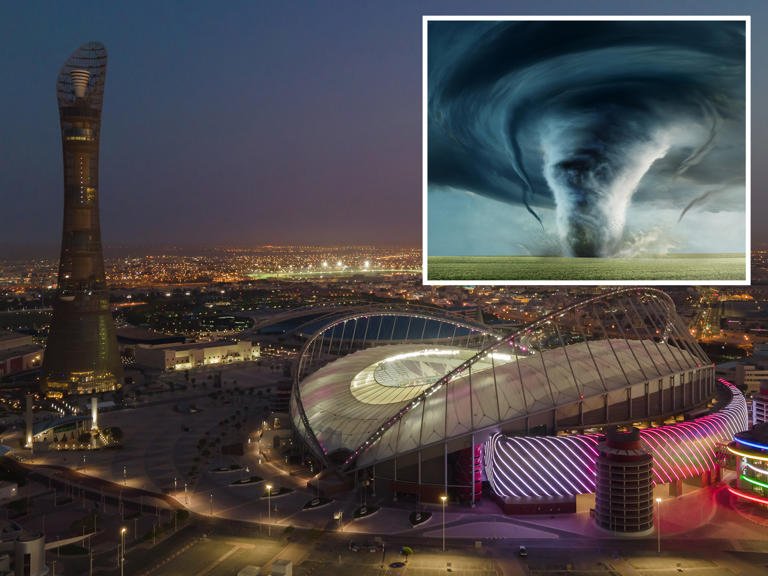 In this combination image, An aerial view of Khalifa Stadium stadium at sunrise on June 22, 2022 in Doha, Qatar. Khalifa Stadium stadium and inset image of a tornado