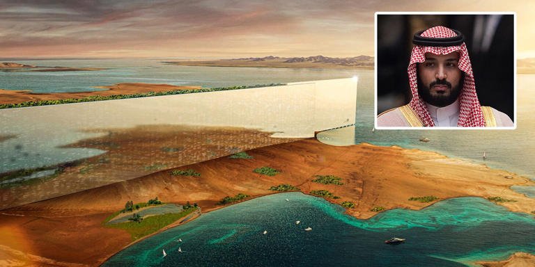 This image shows the design plans for 'The Line,' a part of the Saudi Arabian megacity of NEOM, and a portrait of its mastermind, Crown Prince Mohammed bin Salman. Nicolas Asfouri - Pool/Getty Images. NEOM