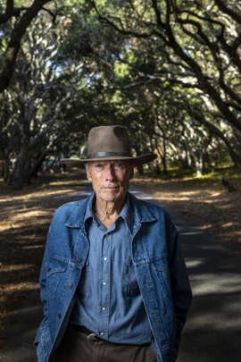 Clint Eastwood wearing a hat: Oscar-winning director and actor Clint Eastwood, 91, photographed amongst oak trees on the grounds of his Tehama Golf Club, in Carmel-By-The-Sea. (Jay L. Clendenin / Los Angeles Times)