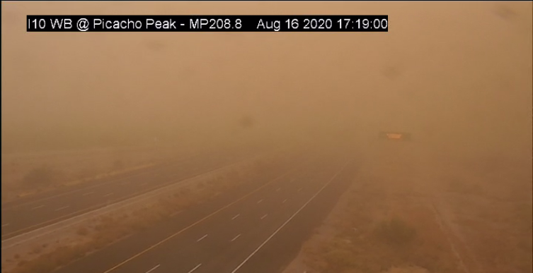 A dust storm significantly decreases visibility on westbound Interstate 10 at Picaco Peak at 5 p.m. on Aug. 16, 2020.