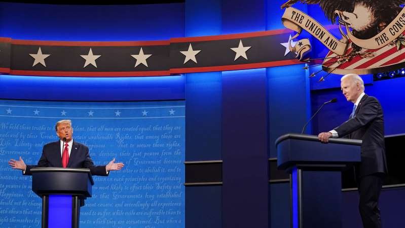 a screen shot of Donald Trump in a blue suit: President Trump and Joseph R. Biden Jr. faced off in the final presidential debate at Belmont University in Nashville on Thursday.