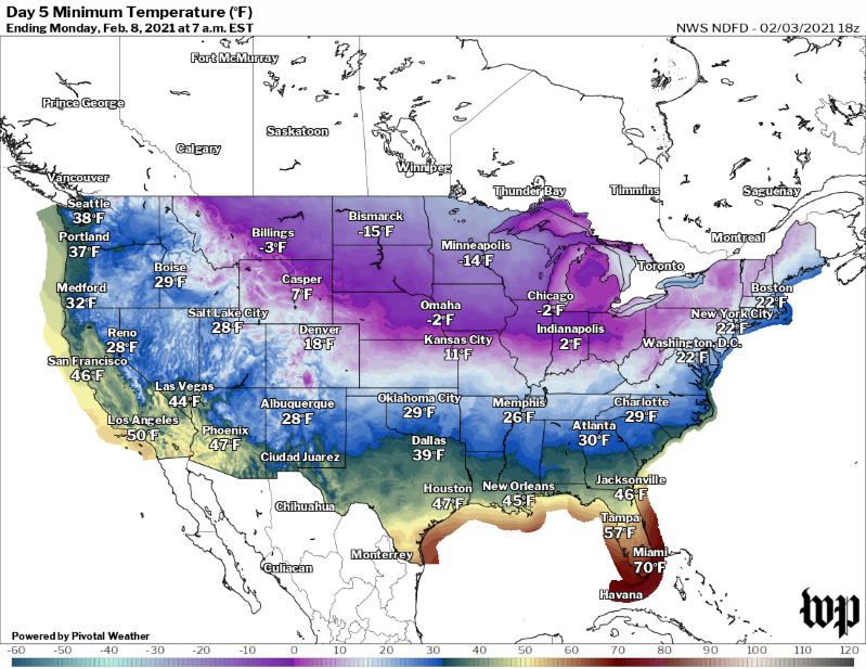 map: Monday morning's low temperatures as forecast by the National Weather Service. (MonLows)