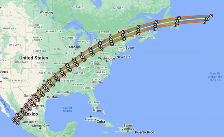 Astronauts aboard the ISS will be able to see the eclipse as it passes through Maine and New Brunswick on Monday. Google Maps
