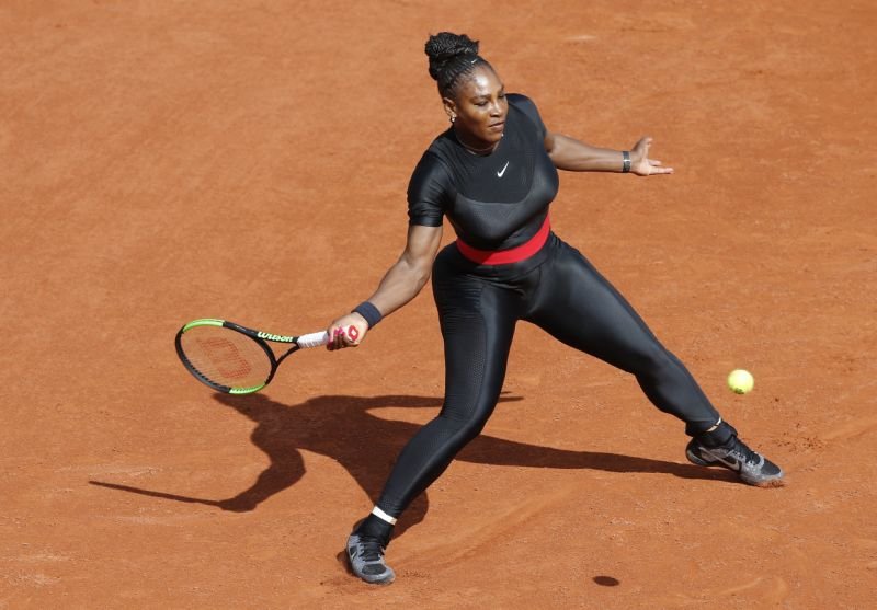Serena Williams of the U.S. returns a shot against Krystyna Pliskova of the Czech Republic during their first round match of the French Open tennis tournament at the Roland Garros stadium in Paris, France, Tuesday, May 29, 2018. (AP Photo/Michel Euler)
