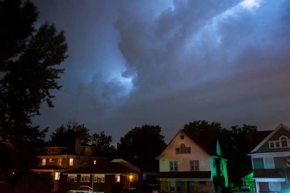 Lighting fills the sky in Kansas City early in the morning on June 8, 2022, as many areas in Jackson County go under tornado warning.