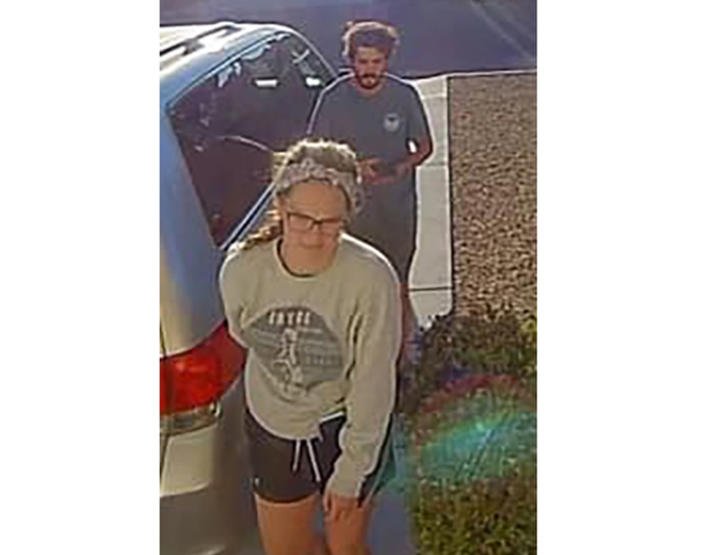 In this undated image released by the Inyo County Sheriff&#39;s Office shows campers Alexander Lofgren, 32, top, and Emily Henkel, 27.  An Arizona tourist died and his wife was rescued Friday, April 9, 2021 after they went missing in Death Valley National Park. Alexander Lofgren, 32, and Emily Henkel, 27, were found on a steep ledge near Willow Creek in the California desert park but Lofgren was dead, according to a statement from the Inyo Creek Sheriff&#39;s Office.(Inyo County Sheriff&#39;s Office via AP)