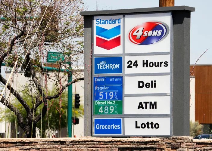 Regular gas sells for $5.19 a gallon at a station at Shea Boulevard and 32nd Street in Phoenix on April 19, 2023.