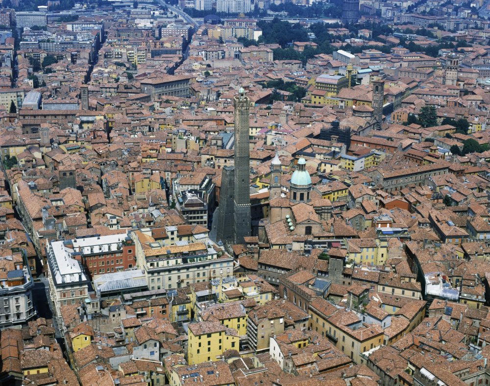 The center of Bologna with the Asinelli tower and the Garisenda tower seen from above, Emilia-Romagna, Italy. / Credit: DE AGOSTINI PICTURE LIBRARY