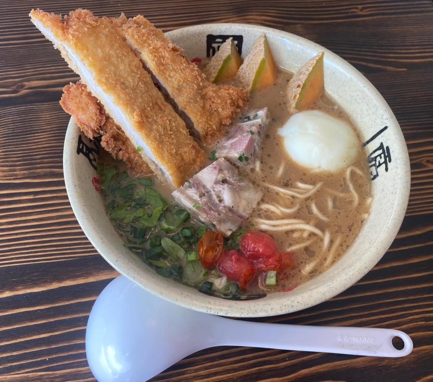 May be an image of poached egg, croquette and ramen