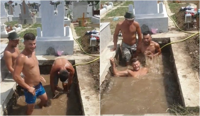 Trei gropari și-au făcut piscină într-un mormânt, în cimitir