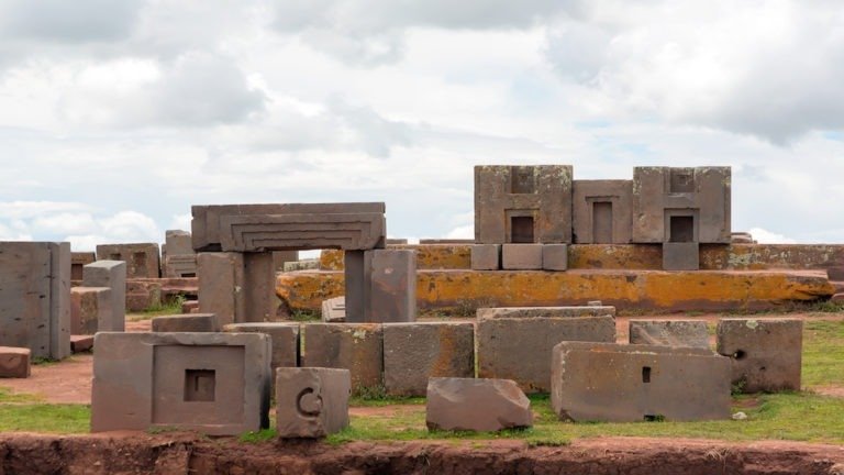 Megalithic stone with intricate carving in the complex Puma Punku, Tiwanaku, Bolivia