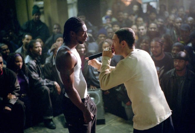 Eminem as Jimmy Smith, Jr. finds his voice in a showdown with rival rapper Nashawn Breedlove as Lotto in a scene from the motion pictures, 8 Mile.